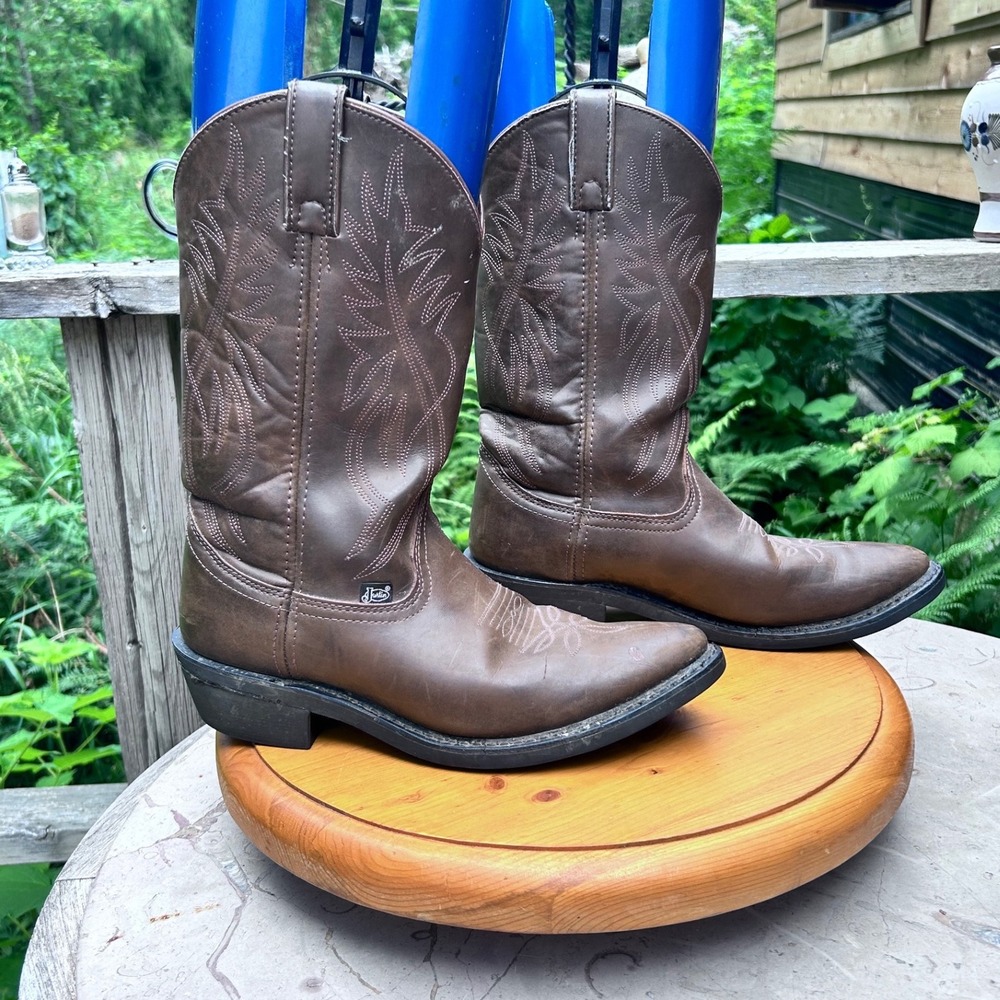 Western Cowboy Boots Mens 9.5 EE Wide Brown Leather Embroidered Justin Vintage